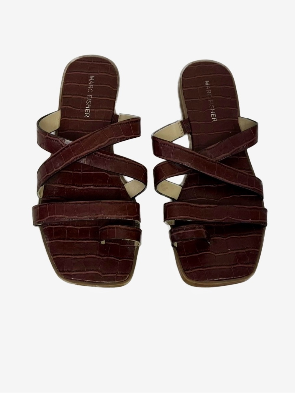 Marc Fisher Arena Croc-Embossed Crisscross Slide Sandals in Brown Size 7